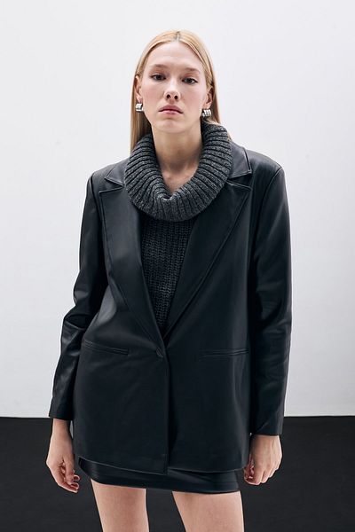 Sateen Black Loose Leather Jacket
