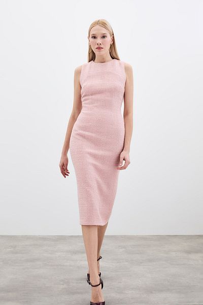 Sateen Sleeveless Long Tweed Dress - Powder