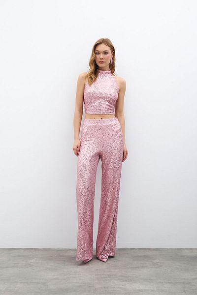 Sateen Sequined Loose Trousers - Powder