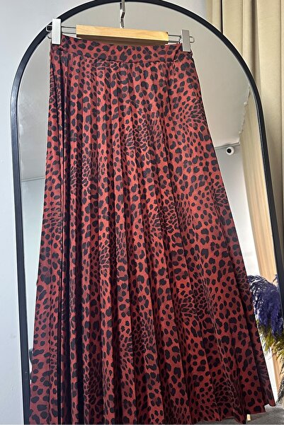Bestenur Leopard Pattern Pleated Skirt 1344 - Claret Red