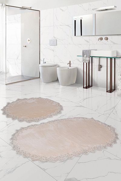 Dokumacıoğlu Σετ χαλάκι μπάνιου Venus 2 τεμαχίων Mink Color Lace - Αντιολισθητικό κάθισμα τουαλέτας