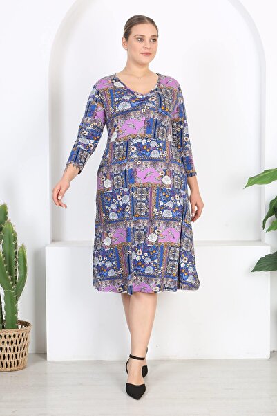 Mooi XXL Kadın Mavi Mor Patchwork Desen V Yaka Truvakar Kol Büyük Beden Esnek Elbise