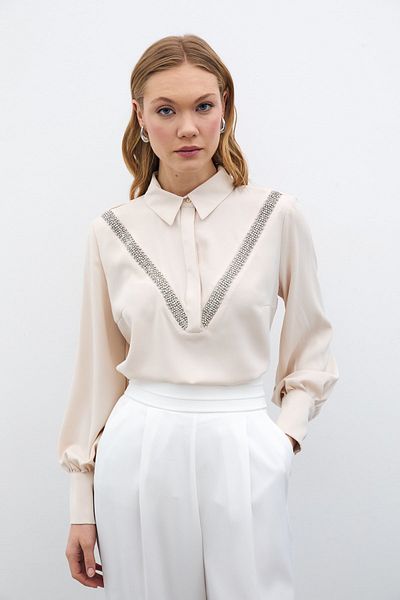 Sateen Beige Stripe Accessory Blouse