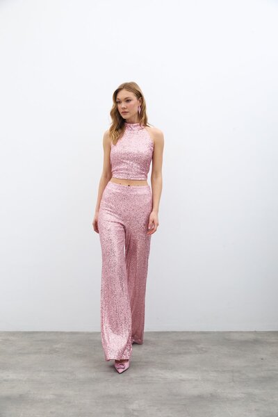 Sateen Payetli Salaş Pantolon - Pudra