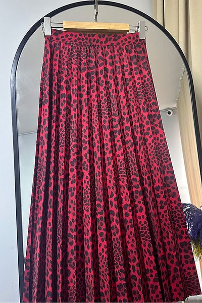 Bestenur Leopard Pattern Pleated Skirt 1344 - Red
