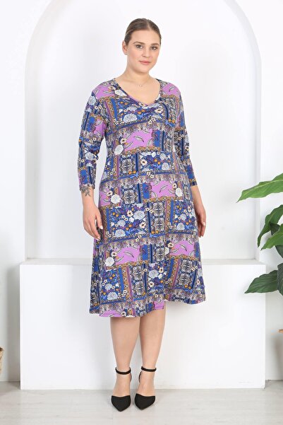 Mooi XXL Kadın Mavi Mor Patchwork Desen V Yaka Truvakar Kol Büyük Beden Esnek Elbise