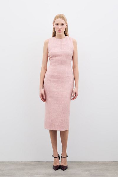 Sateen Sleeveless Long Tweed Dress - Powder