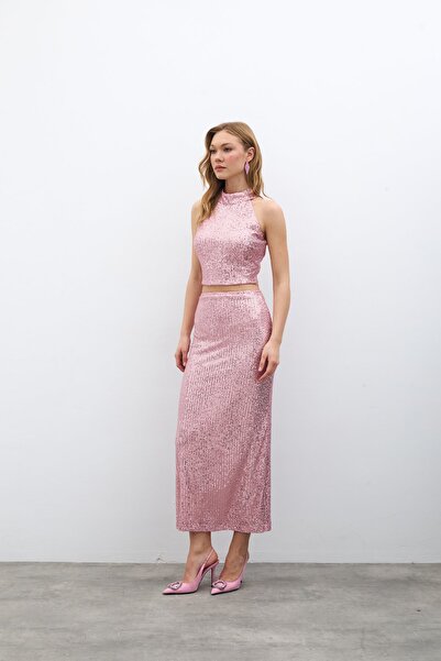 Sateen Zippered Karolin Midi Skirt - Powder