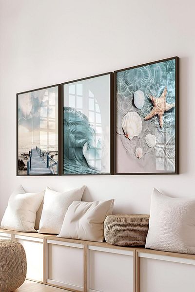 Postifull Set de pictură cu cadru negru, pictură murală cu fotografii oceanice, set de 3 posteri, nr.:300733