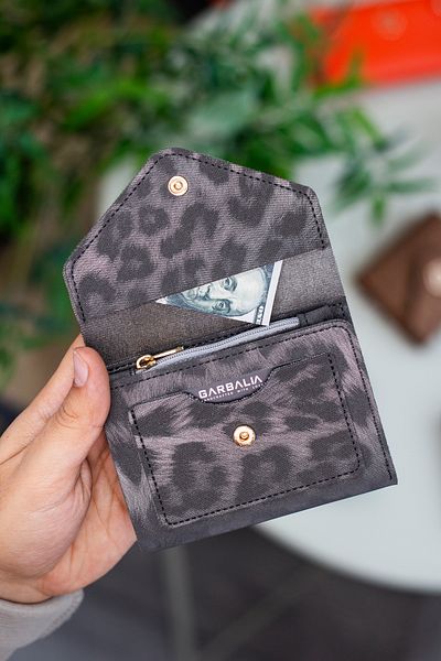 Garbalia Vegan Leather Mini Leopard Pattern Anthracite Women's Wallet with Coin Eyes and Lots of Card Holders