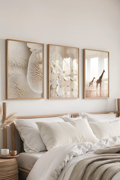 Postifull Ahşap Çerçeveli Tablo Seti, Soft Bej Fotoğraf Duvar Tablosu, 3 Adet Poster Seti, No:300703