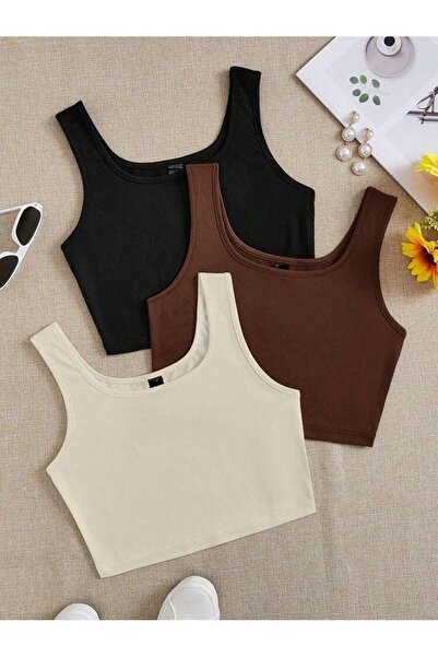 Lorya Giyim Kadın 3'lü Paket Pamuklu Vücuda Yapışan Fitilli Sıfır Kol Kalın Askılı Kare Yaka CROP  Atlet