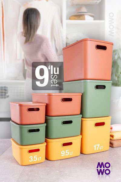 Mowo Home Retro Box 9-Piece Mix - Multi-Purpose Storage Box with Lid and Organizer
