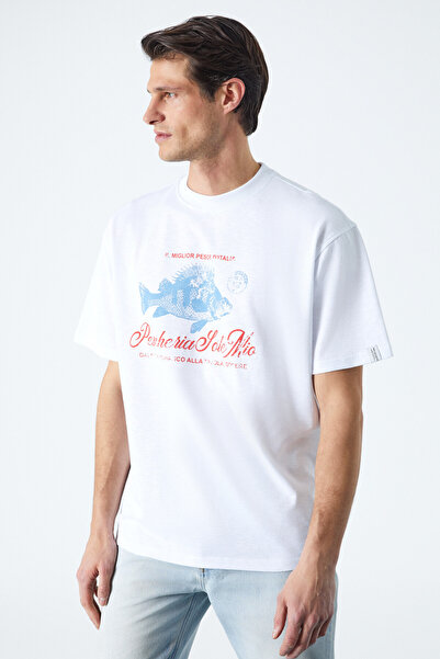 GRIMELANGE Pescheria Men's Regular Fit White T-Shirt