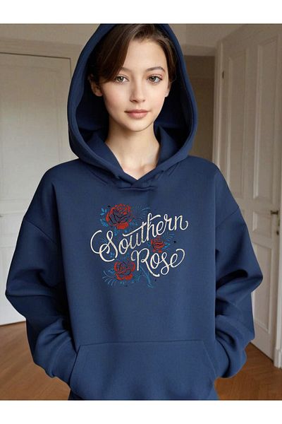 DEEPSENCE Дамски тъмносин суитшърт с качулка и голям размер с щампа SOUTHERN ROSE