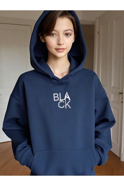 DEEPSENCE Дамски суитшърт с качулка в тъмносин цвят - с черен принт