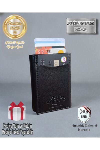KY Men's Vegan Leather Black Cash Money Compartment Sliding Mechanism Wallet Card Holder