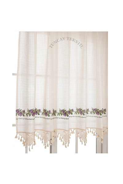 TUNCAY TEKSTİL Buldan Curtain Purple Cross Stitched Hand Lace Linen Sunshade Basement Curtain