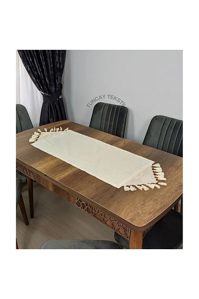 TUNCAY TEKSTİL Χειροποίητη δαντέλα με φούντα Runner Ranır Drape Buldan Handwork Monika Λινά Τραπεζάκι σαλονιού Τραπεζομάντιλο Τραπεζομάντιλο 45x100
