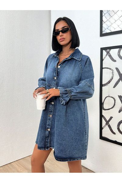 SHEVEGA Women's Light Blue Elastic Sleeve Pleated Long Balloon Denim Jacket