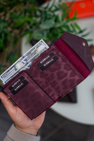 Garbalia Vegan Deri Bozuk Para Gözlü Bol Kartlıklı Mini Leopar Desen Bordo Kadın Cüzdanı