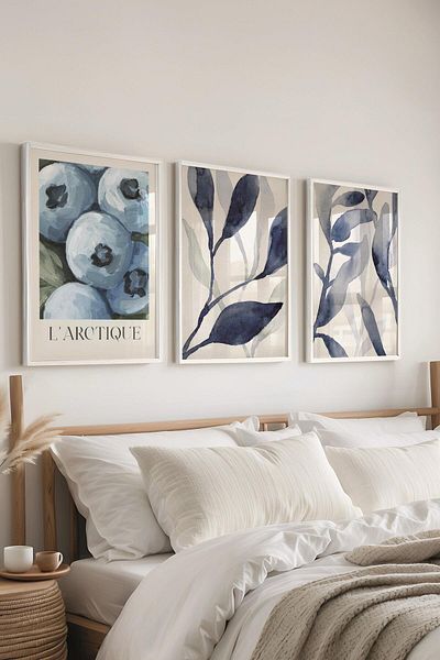 Postifull Set de pictură cu cadru alb, pictură de perete albastră, set de 3 posteri, nr:300753
