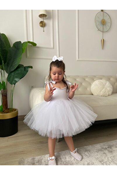 Tinypeople Κοριτσίστικο λευκό φόρεμα γενεθλίων tutu με αγκράφα φιόγκου veyahut puffy φόρεμα