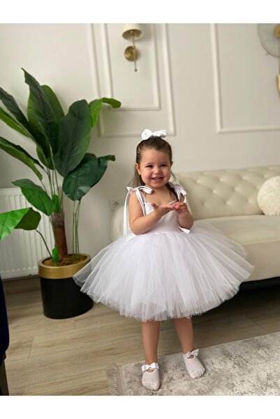 Tinypeople Κοριτσίστικο λευκό φόρεμα γενεθλίων tutu με αγκράφα φιόγκου veyahut puffy φόρεμα