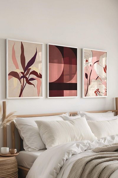 Postifull Set de pictură cu cadru alb, pictură de perete Boho roșu Claret, set de 3 posteri, nr:300765
