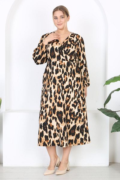 Mooi XXL Rochie de damă cu model leopard, cu guler dublu, cu mânecă cu balon, lungime maxi