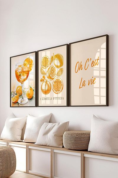Postifull Black Framed Painting Set, Yellow Kitchen Wall Painting, 3 Piece Poster Set, No:300766
