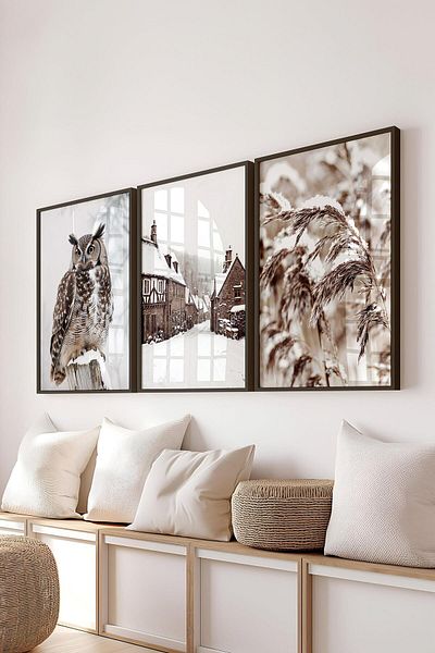 Postifull Set de pictură cu cadru negru, pictură murală fotografii de iarnă, set de 3 posteri, nr:300729
