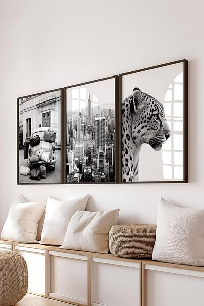 Postifull Black Framed Painting Set, Black and White Mix Wall Painting, 3 Piece Poster Set, No:300691