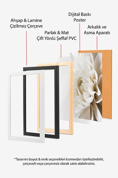 Postifull White Framed Painting Set, Beige Wall Painting, 3 Piece Poster Set, No:300693