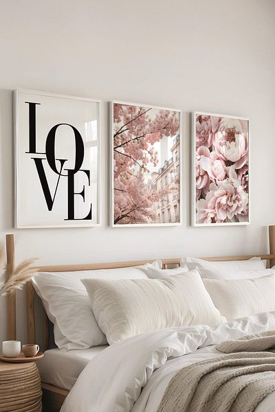 Postifull Set de pictură cu cadru alb, pictură de perete roz moale, set de 3 posteri, nr:300709