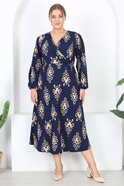 Mooi XXL Women's Navy Blue Beige Motif Pattern Double Breasted Collar Balloon Sleeve Maxi Length Wrinkled Dress