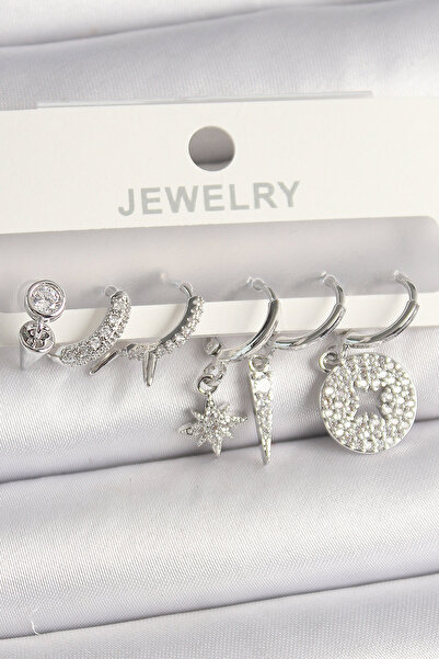 Skygo Pirinç Gümüş Renk Zirkon Taşlı Çoklu Figür Kadın Küpe Seti - TJ-BKP10103