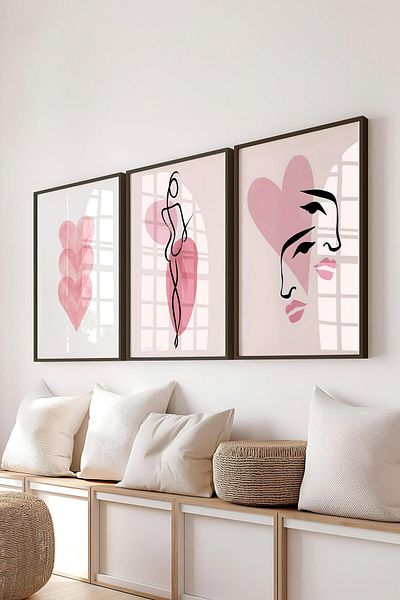 Postifull Black Framed Painting Set, Pink Wall Painting, 3 Piece Poster Set, No:300749