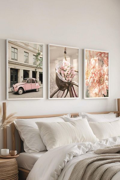 Postifull Set de pictură cu cadru alb, pictură de perete roz moale, set de 3 posteri, nr:300718