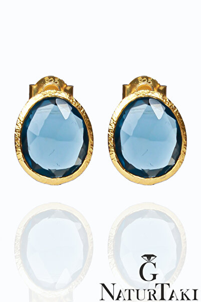 Naturtakı Pırlanta Kesim Safir Taşlı Saf Altın Çıkmaz Kaplama Gümüş Küpe Modeli-Mavi Safir Mücevherli