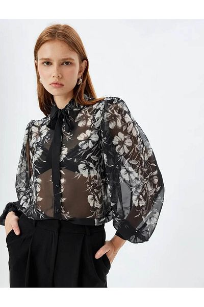 Koton Transparent Chiffon Shirt - Floral Print, Fluffy, Long Balloon Sleeve and Ribbon Detail
