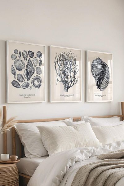 Postifull White Framed Painting Set, Ocean Illustration Wall Painting, 3 Piece Poster Set, No:300734