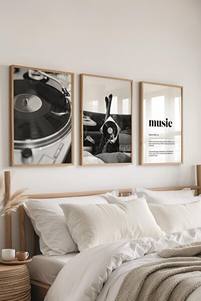 Postifull Комплект за картини с дървена рамка, черно-бяла музикална стенна картина, комплект от 3 плаката, № 300720