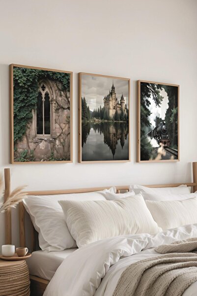 Postifull Ahşap Çerçeveli Tablo Seti, Büyücü Okulu Duvar Tablosu, 3 Adet Poster Seti, No:300751