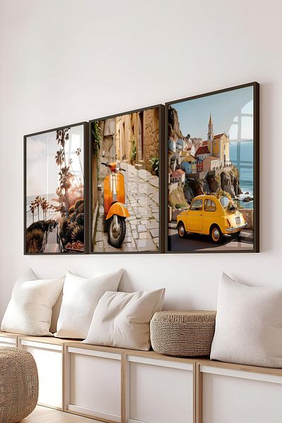 Postifull Black Framed Painting Set, Vespa and Trip Wall Painting, 3 Pcs Poster Set, No:300701