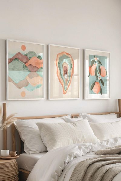 Postifull Set de pictură cu cadru alb, pictură de perete Boho, set de 3 posteri, nr:300760