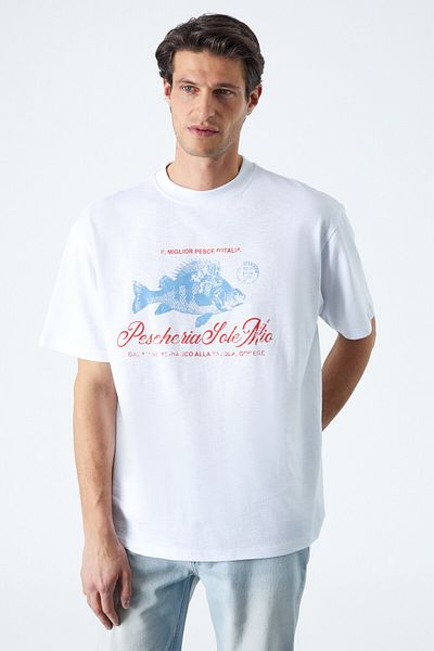 GRIMELANGE Pescheria Men's Regular Fit White T-Shirt
