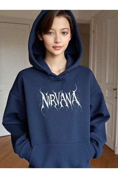 DEEPSENCE Γυναικείο μπλουζάκι Navy Blue Oversize Hooded - NIRVANA Printed