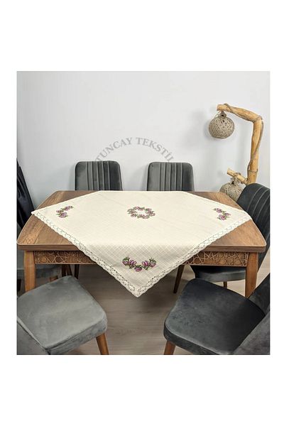 TUNCAY TEKSTİL Purple Cross Stitched Copenaki Lace Cloudy Cross Stitch Monika Fiskos Tablecloth