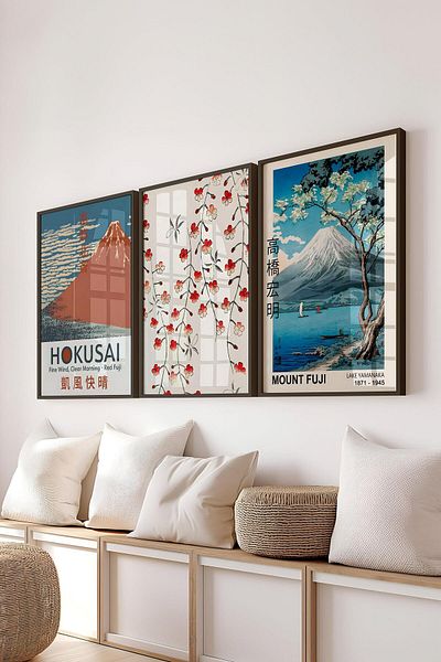 Postifull Set de pictură cu cadru negru, pictură de perete Hokusai, set de 3 posteri, nr:300777